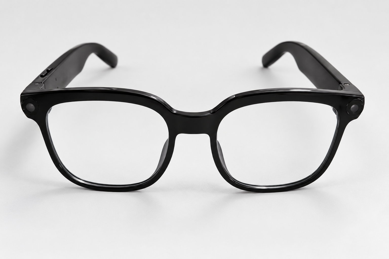 memorarecord smart glasses, black frame, clear lenses